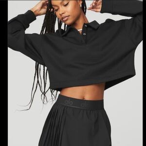 ALO Yoga Black long sleeve  Polo Henley sweatshirt crop top shirt
